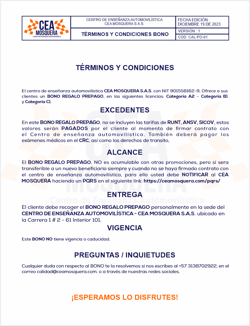 TÉRMINOS Y CONDICIONES BONO CEA MOSQUERA